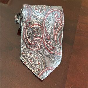 Lands’ End Paisley Silk Tie - Red, Cream, Dusty Blue, Gray…Hand Sewn 100% Silk